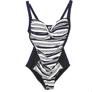 ROMENZA TARGO BLUE WHITE STRIPE RUCHED TWIST FRONT SWIMSUIT SIZE 4 SMALL NWOT